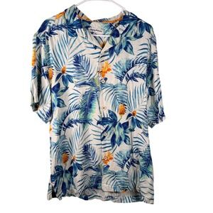 Tommy Bahama Mens Blue Tropical Hawaiian 100% Silk Button Front Shirt L vacation